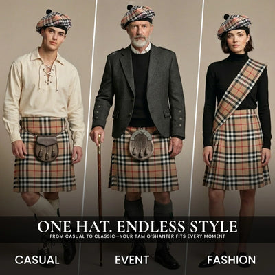 Tam O'Shanter Hat with Pompom | Camel Thomson Tartan