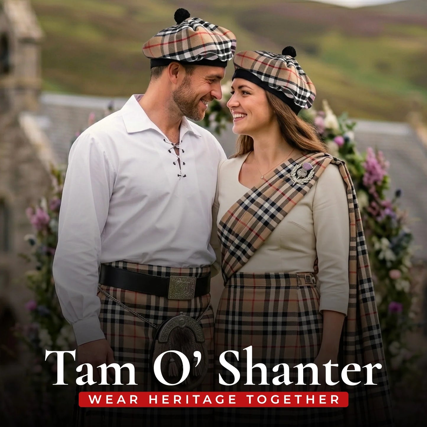 Tam O'Shanter Hat with Pompom | Camel Thomson Tartan
