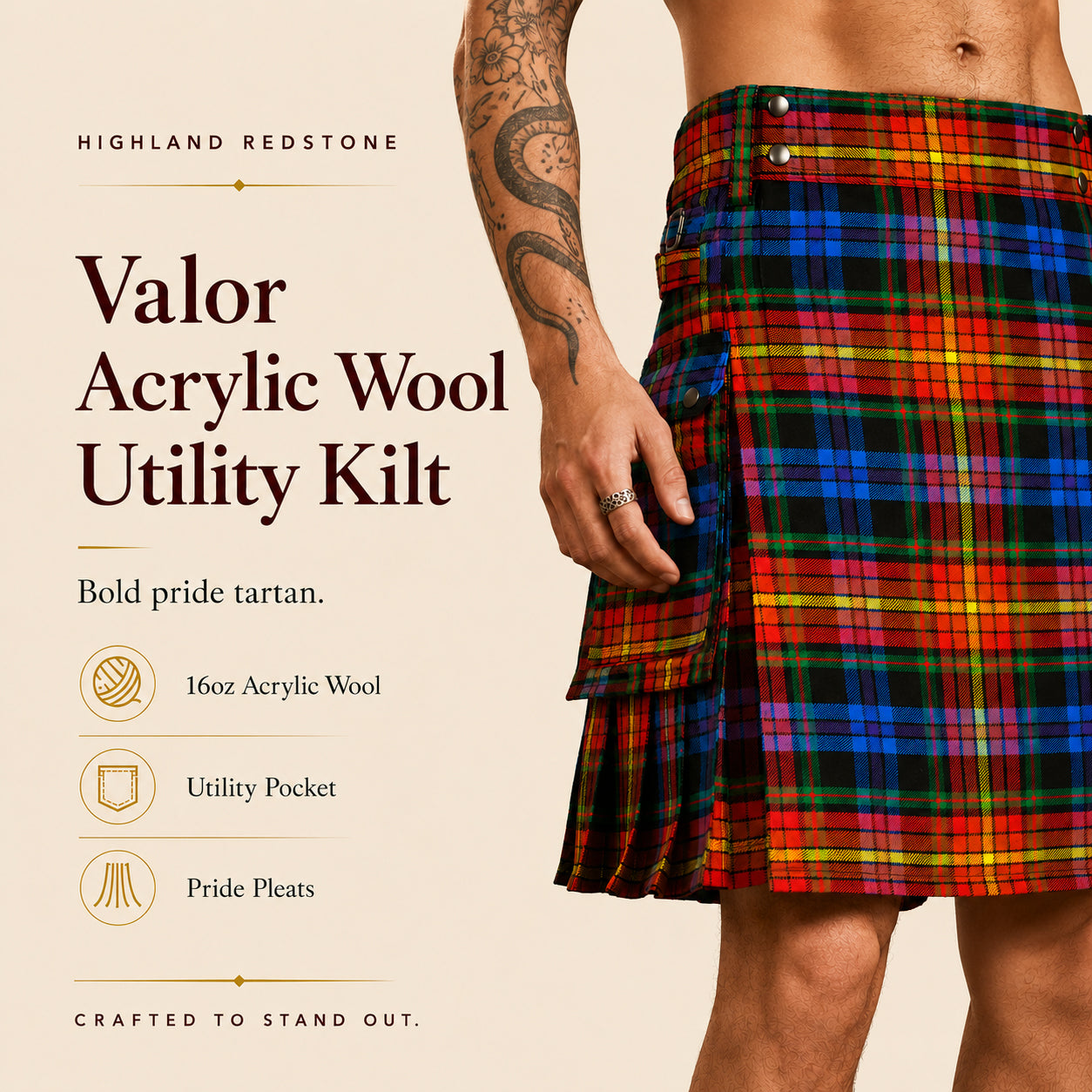 Valor Pride Utility Kilt | 16oz Acrylic Wool LGBT Tartan Kilt