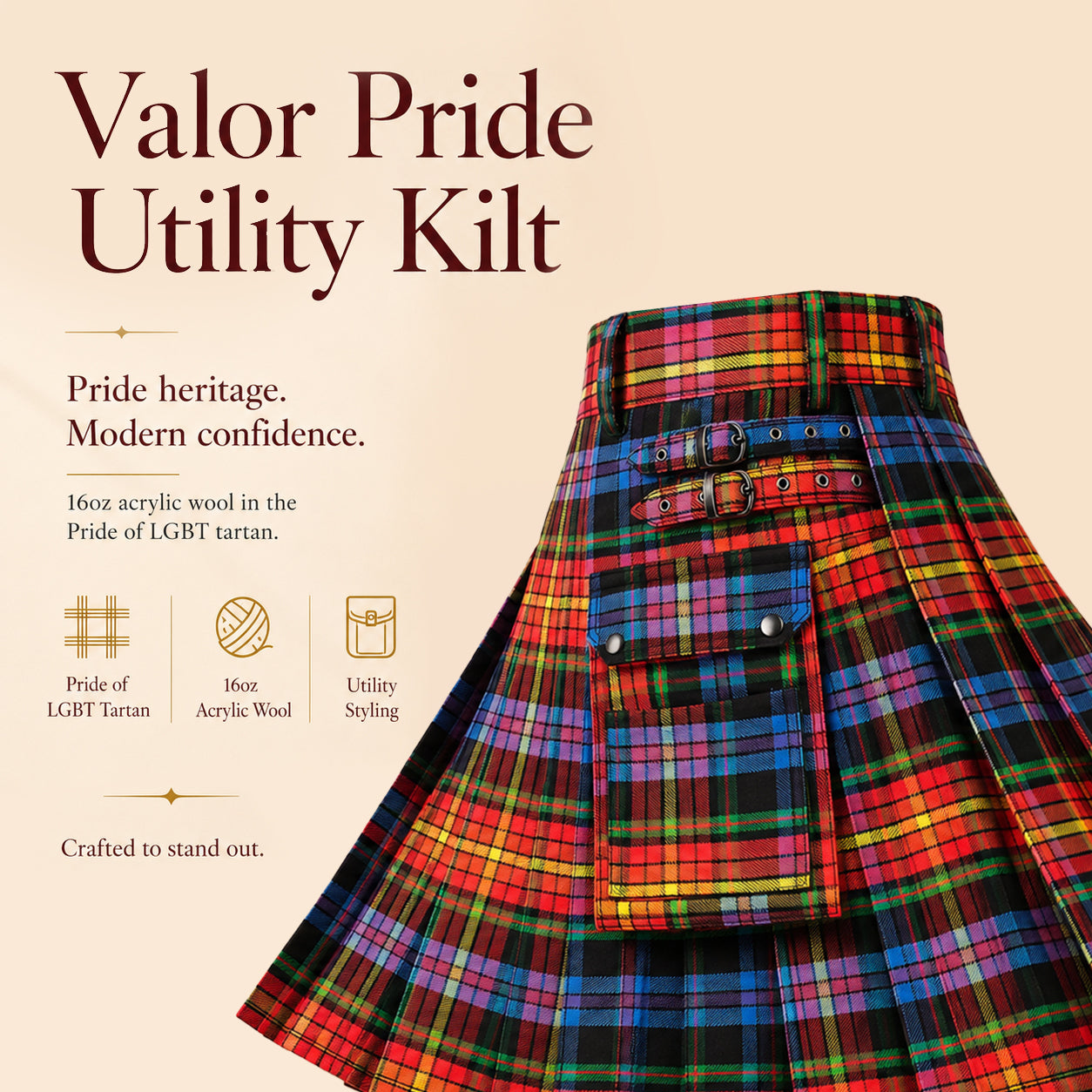 Valor Pride Utility Kilt | 16oz Acrylic Wool LGBT Tartan Kilt