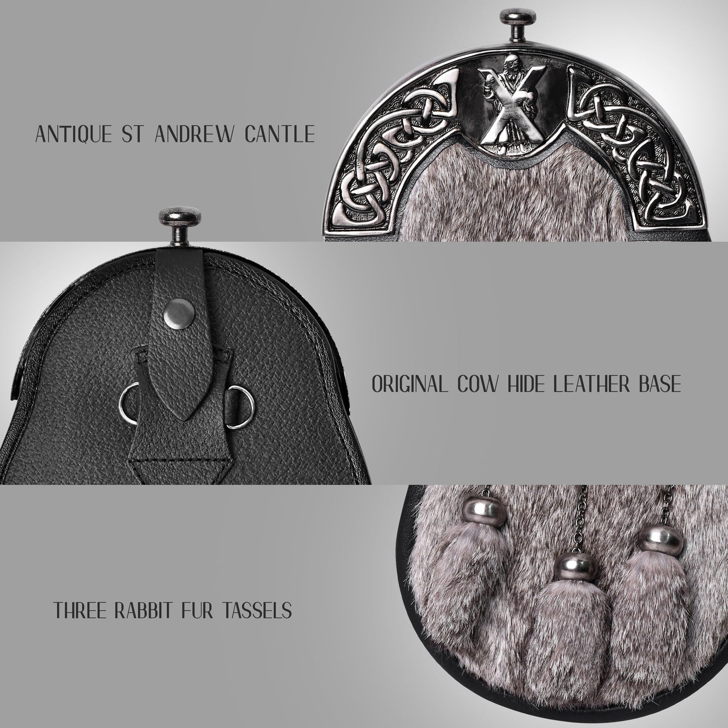 Grey Rabbit Fur Sporran Antique Cantle featuring genuine rabbit fur and an antique cantle design, perfect for formal Scottish dress.