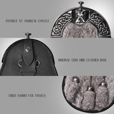 Grey Rabbit Fur Sporran Antique Cantle featuring genuine rabbit fur and an antique cantle design, perfect for formal Scottish dress.