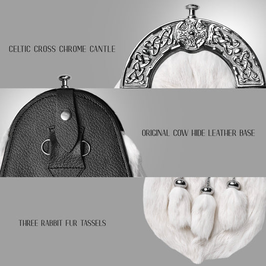 Formal White Rabbit Fur Sporran with Cross Chrome Cantle
