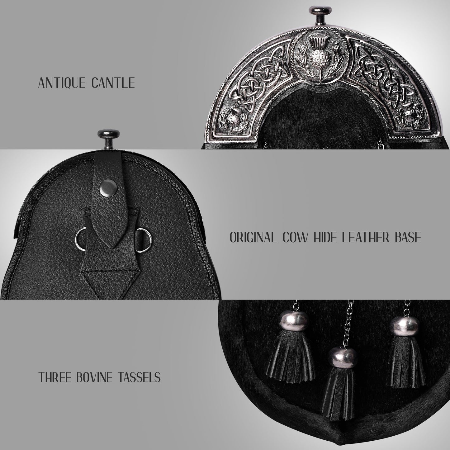 Premium Quality Scottish Black Bovine Sporran with chain belt