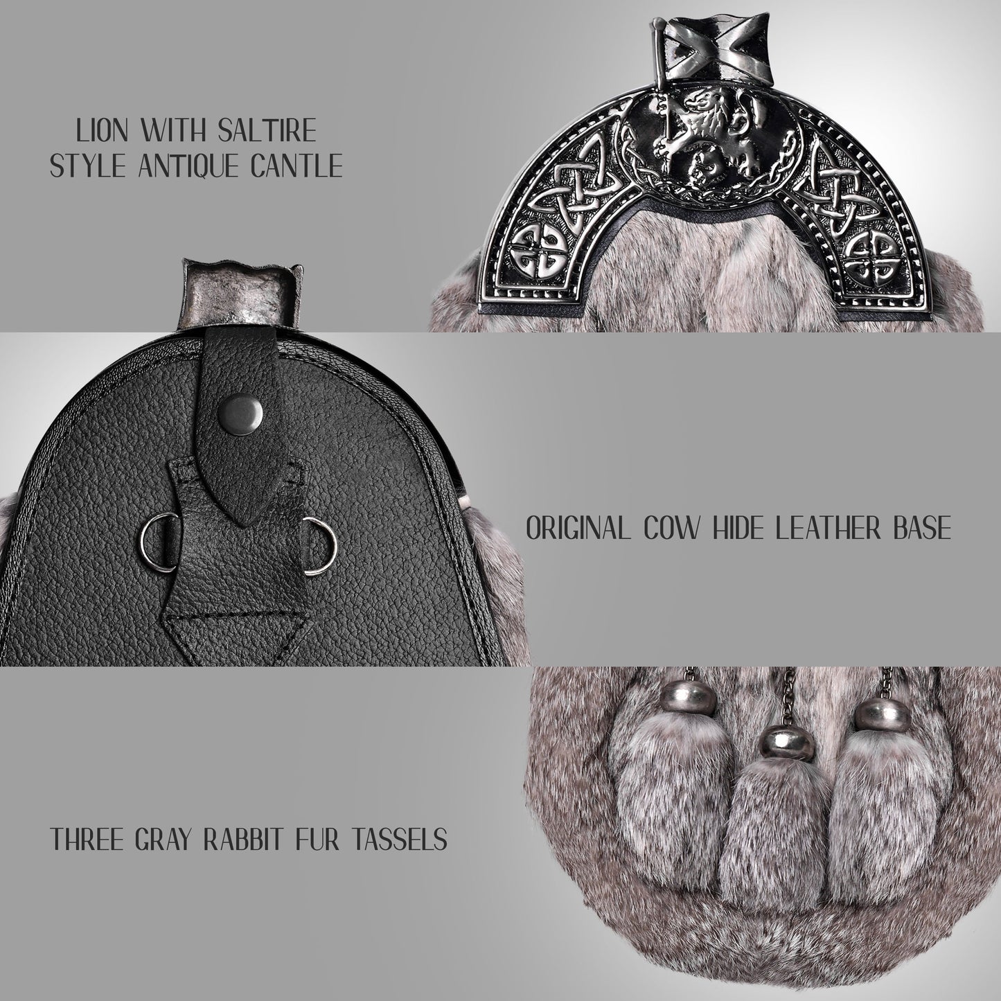 Grey Rabbit Fur Sporran Antique Cantle featuring genuine rabbit fur and an antique cantle design, perfect for formal Scottish dress.