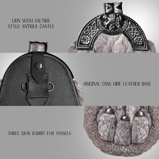 Grey Rabbit Fur Sporran Antique Cantle featuring genuine rabbit fur and an antique cantle design, perfect for formal Scottish dress.