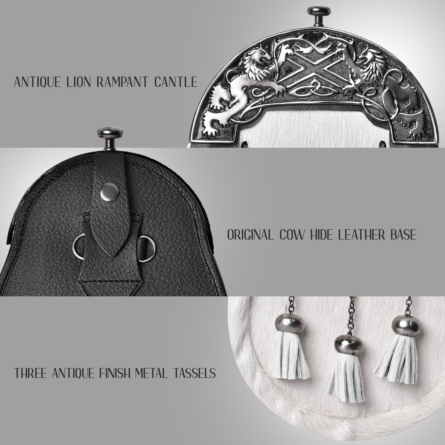 Formal White Bovine Sporran with Antique Lion Rampant Cantle