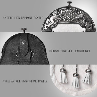 Formal White Bovine Sporran with Antique Lion Rampant Cantle