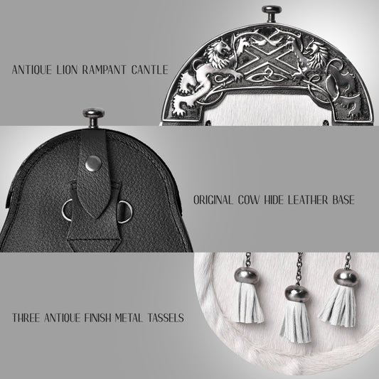 Formal White Bovine Sporran with Antique Lion Rampant Cantle