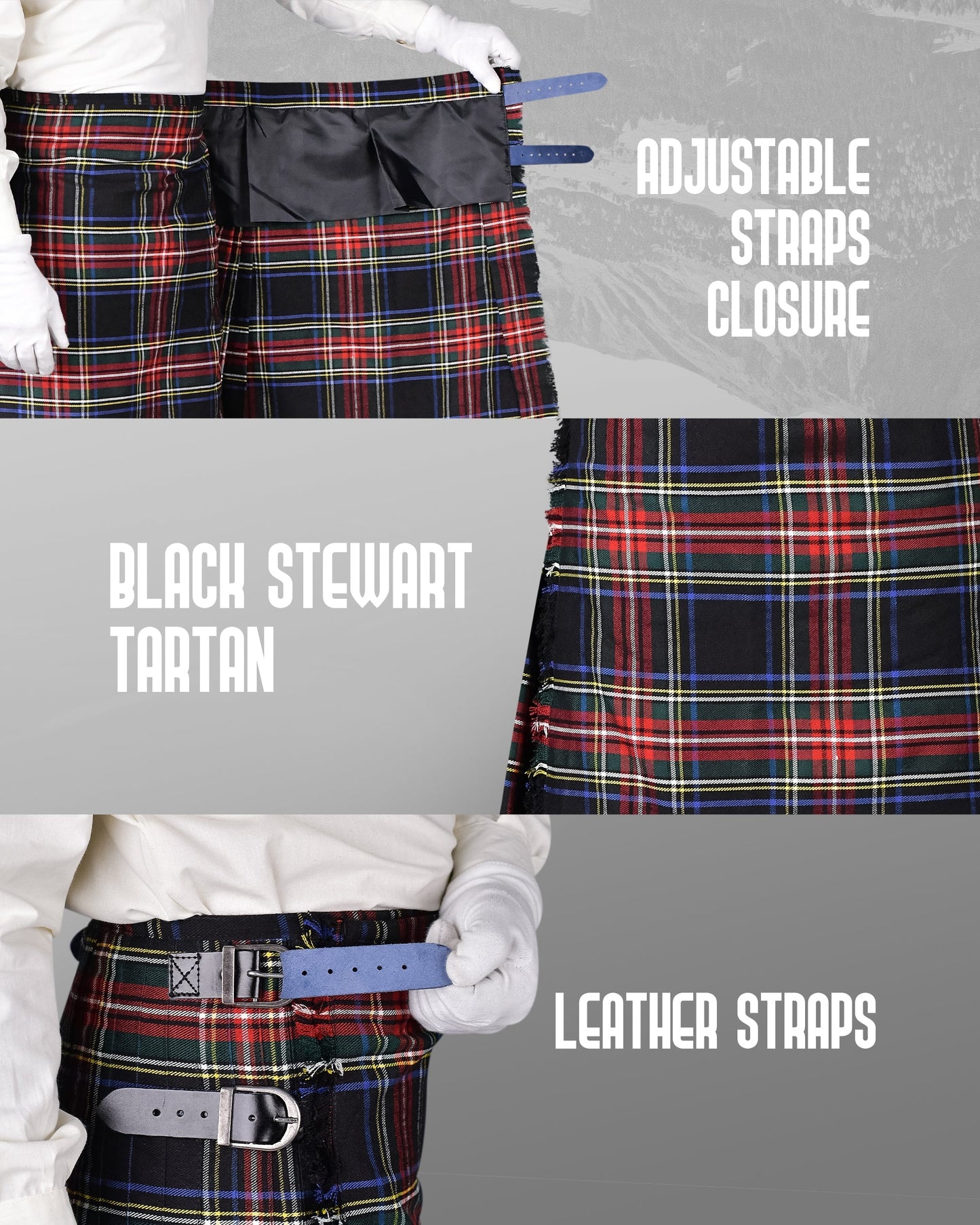 Kilt for Men I Black Stewart Tartan Kilt Polyviscose 8 Yard Traditional Men Kilt | Big & Tall