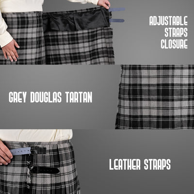 Kilt for Men I Grey Douglas Tartan Kilt Polyviscose 8 Yard Traditional Men Kilt