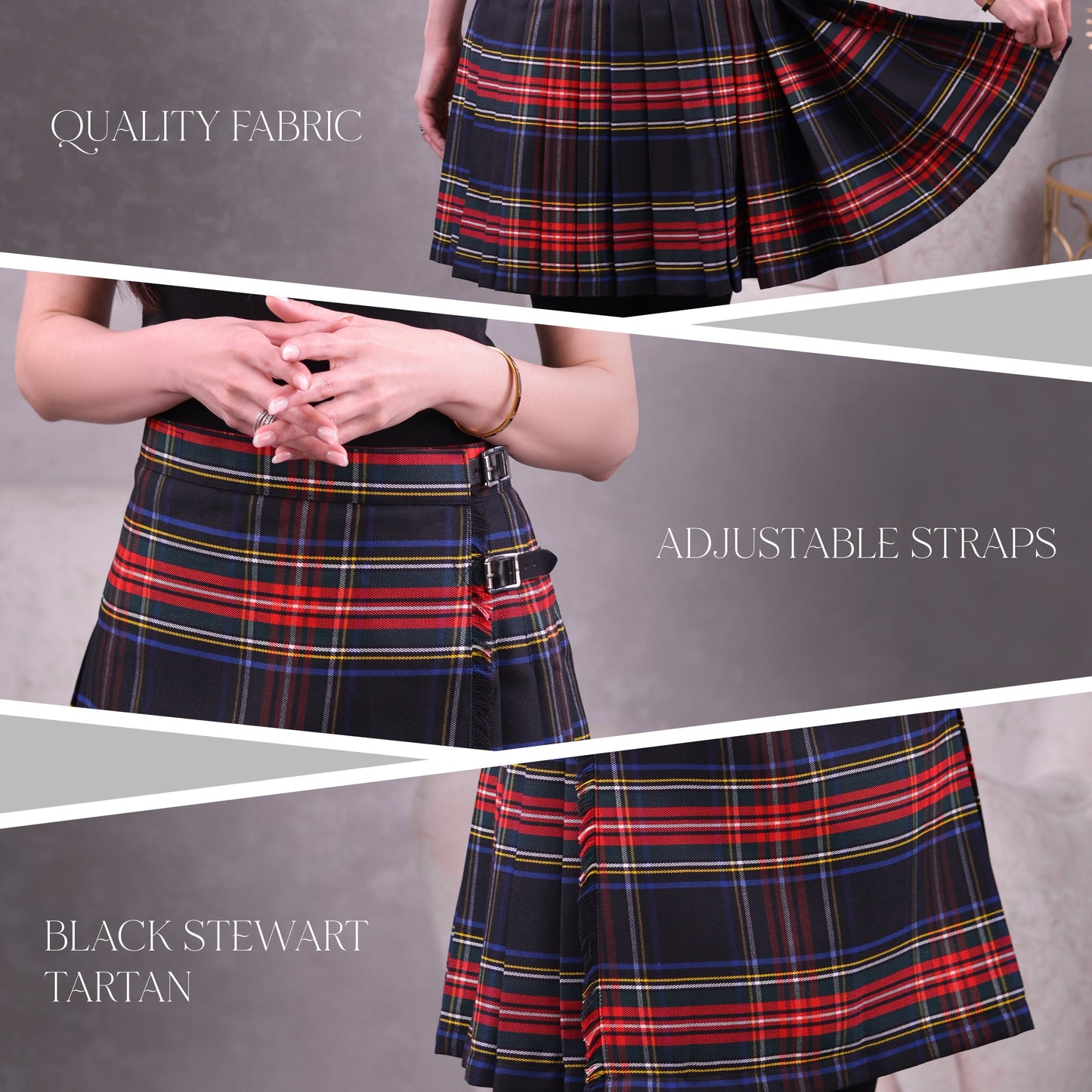 Woman Plaid Kilt - Black Stewart Tartan Kilt - Premium Quality & Timeless Style | Big & Tall