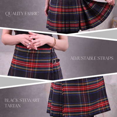 Woman Plaid Kilt - Black Stewart Tartan Kilt - Premium Quality & Timeless Style | Big & Tall