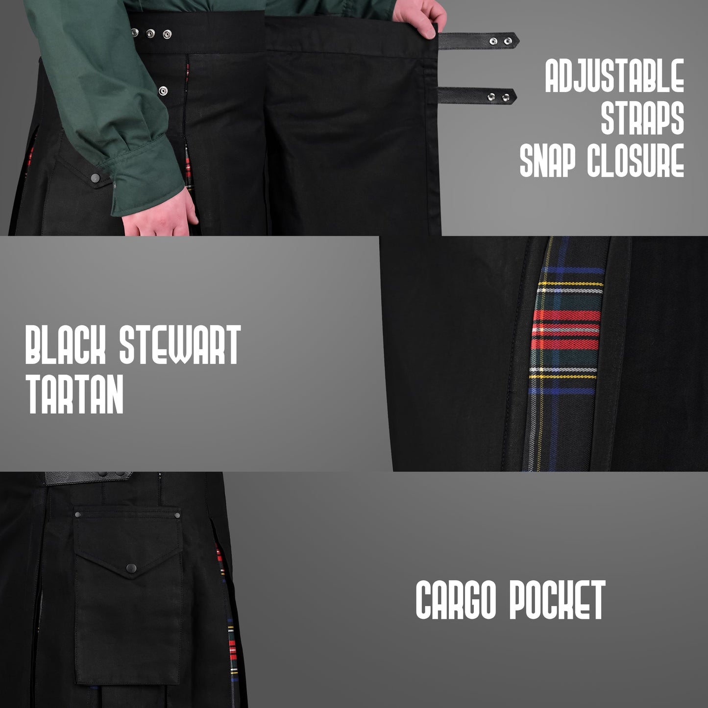 Black Stewart Hybrid Utility Kilt for Men  - Traditional Style with Modern Functionality | Big & Tall