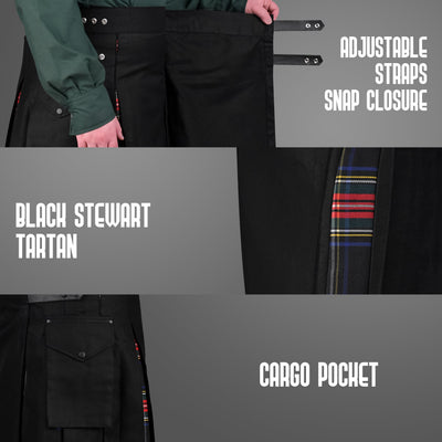 Black Stewart Hybrid Utility Kilt for Men  - Traditional Style with Modern Functionality | Big & Tall