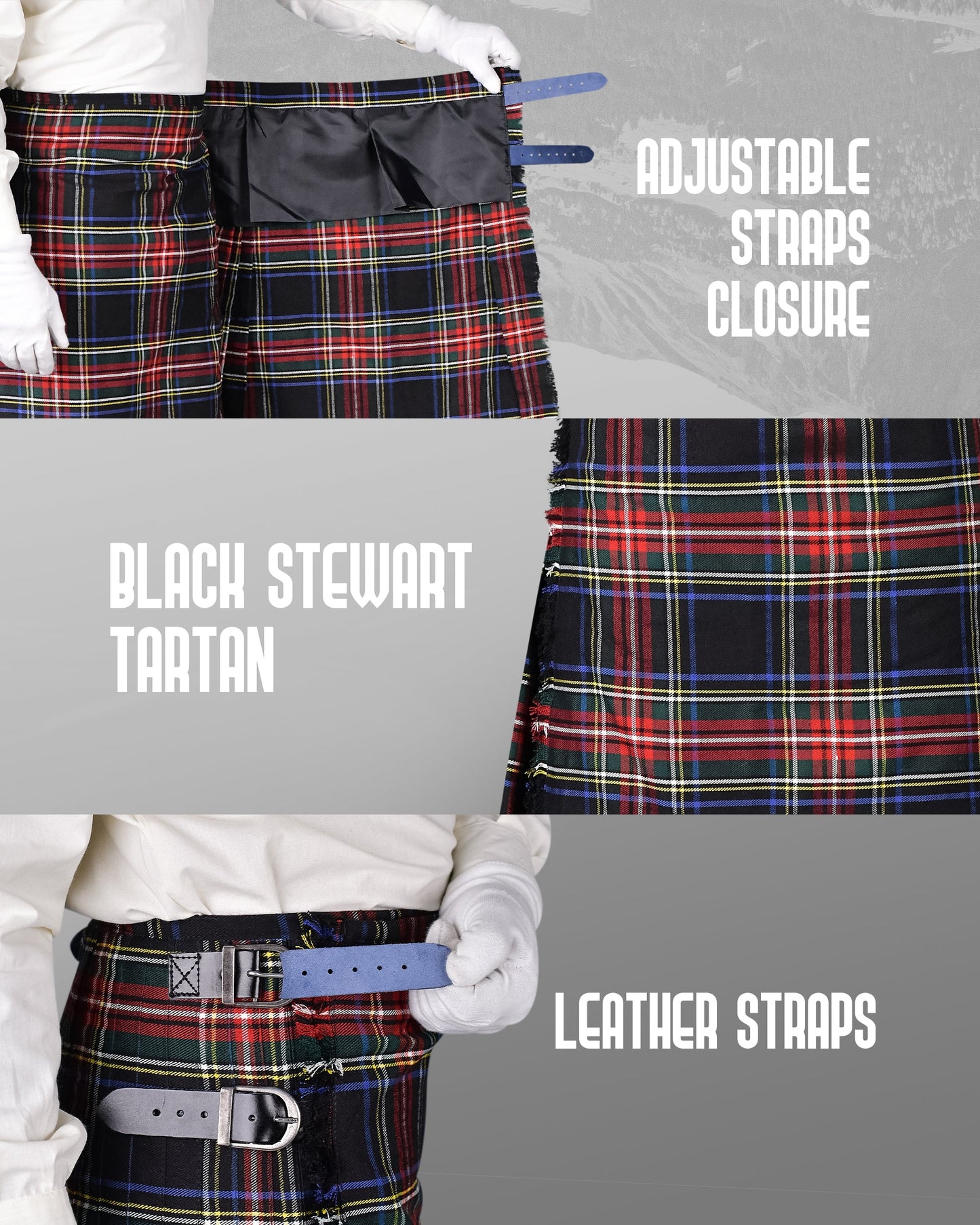 Kilt for Men I Black Stewart Tartan Kilt Polyviscose 8 Yard Traditional Men Kilt