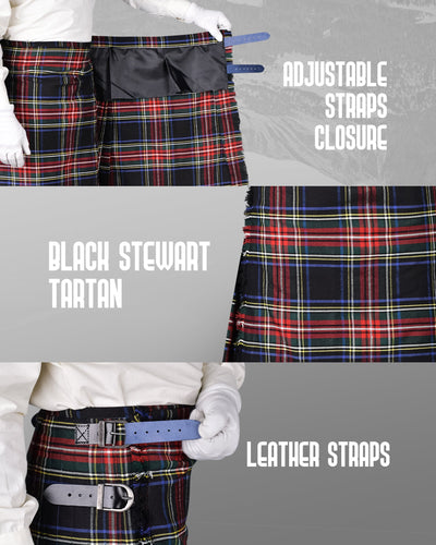 Kilt for Men I Black Stewart Tartan Kilt Polyviscose 8 Yard Traditional Men Kilt