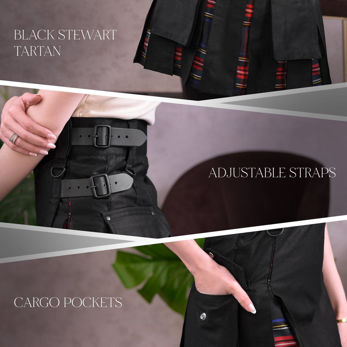 Women's Hybrid Utility Kilt in Black Stewart Tartan