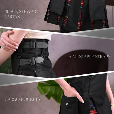 Women's Hybrid Utility Kilt in Black Stewart Tartan
