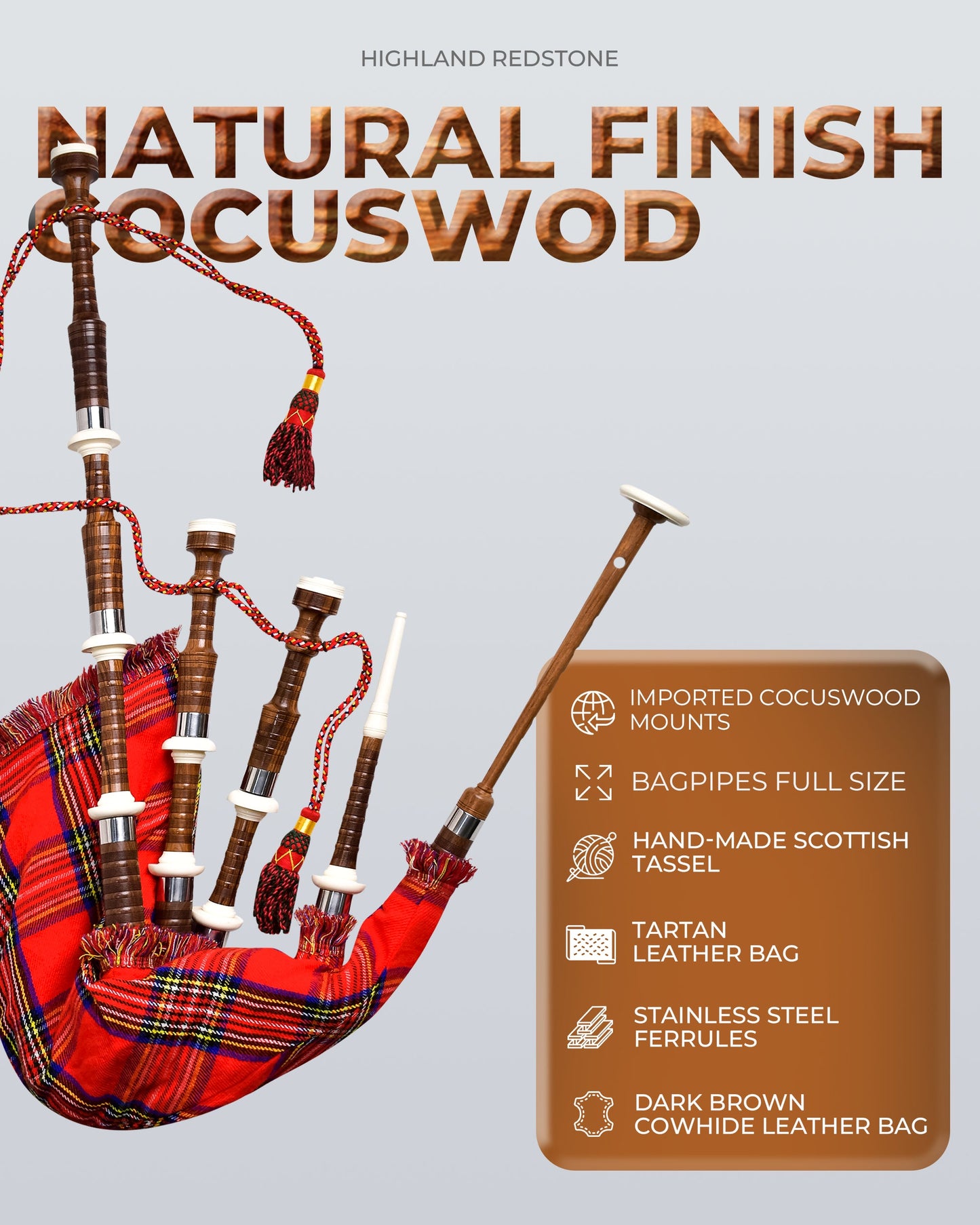 Full Size Cocuswood Bagpipe with Box | Royal Stewart