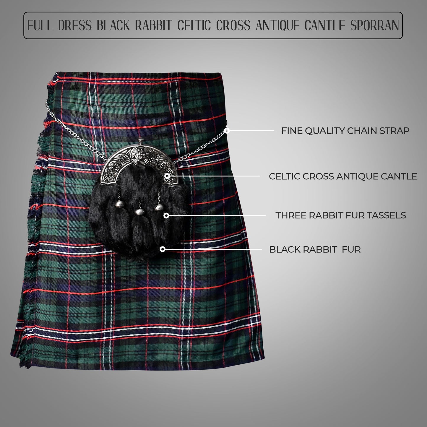 Formal Black Rabbit Fur Sporran with Black Celtic Antique Cantle