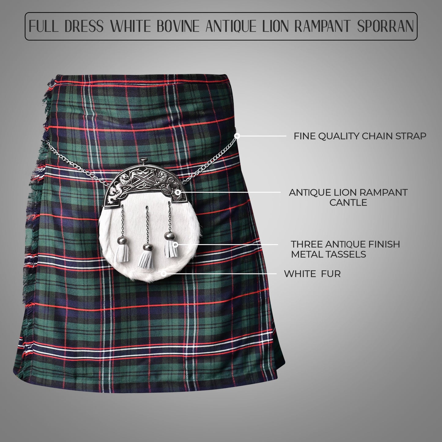 Formal White Bovine Sporran with Antique Lion Rampant Cantle