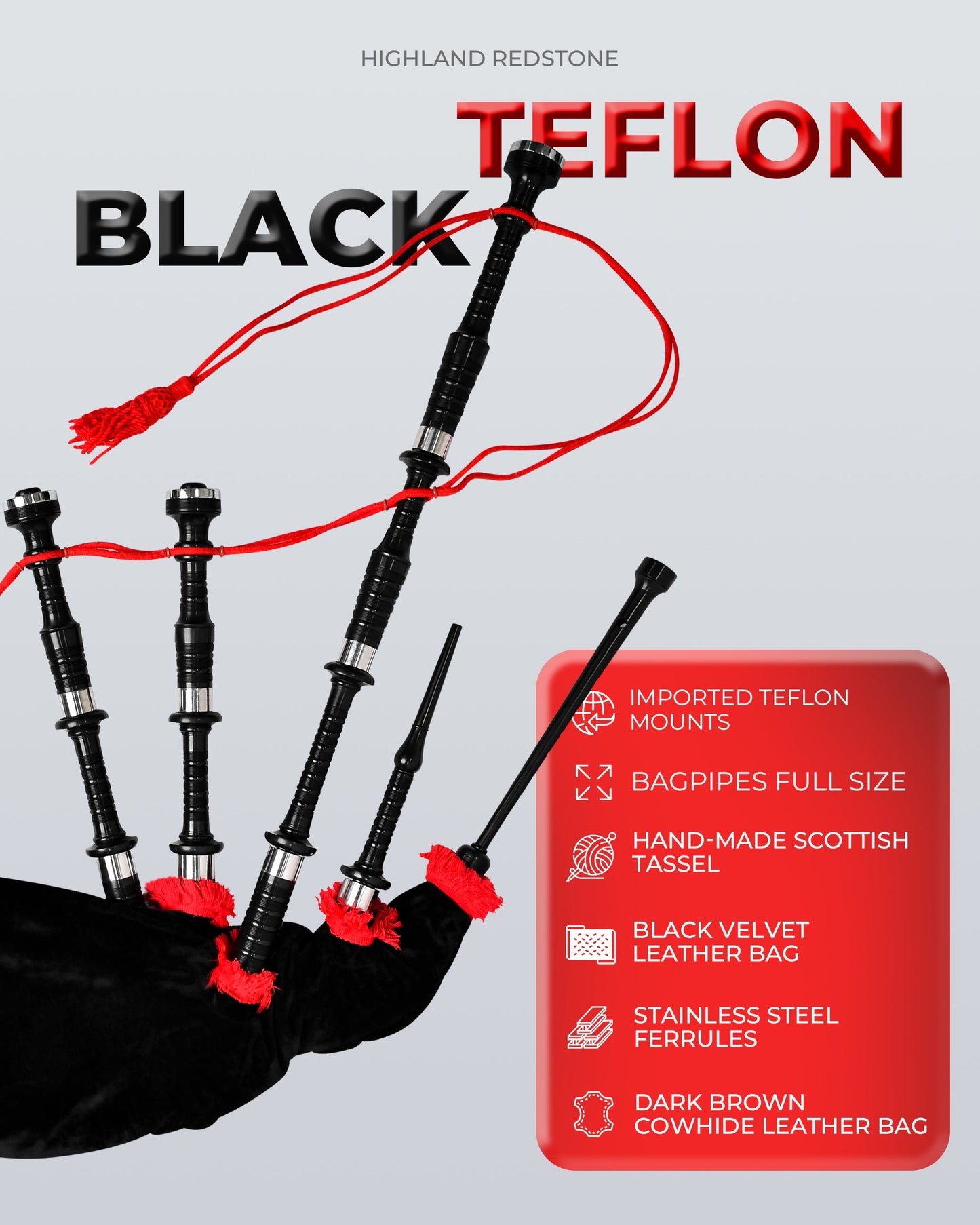 Full Size Bagpipe with Box | Teflon Black