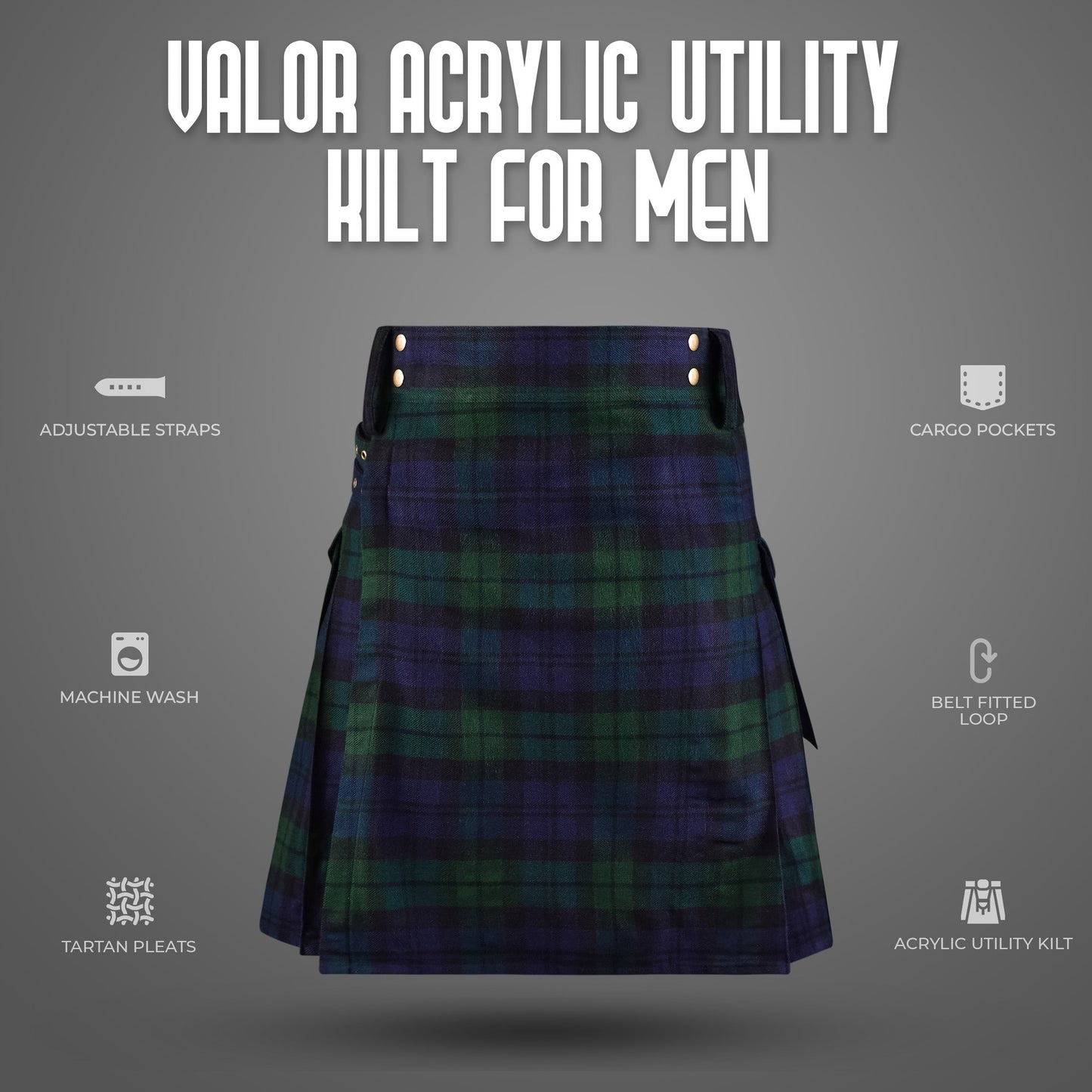 Valor Acrylic Utility Kilt | 16oz Black Watch Scottish Tartan KIlt | Big & Tall