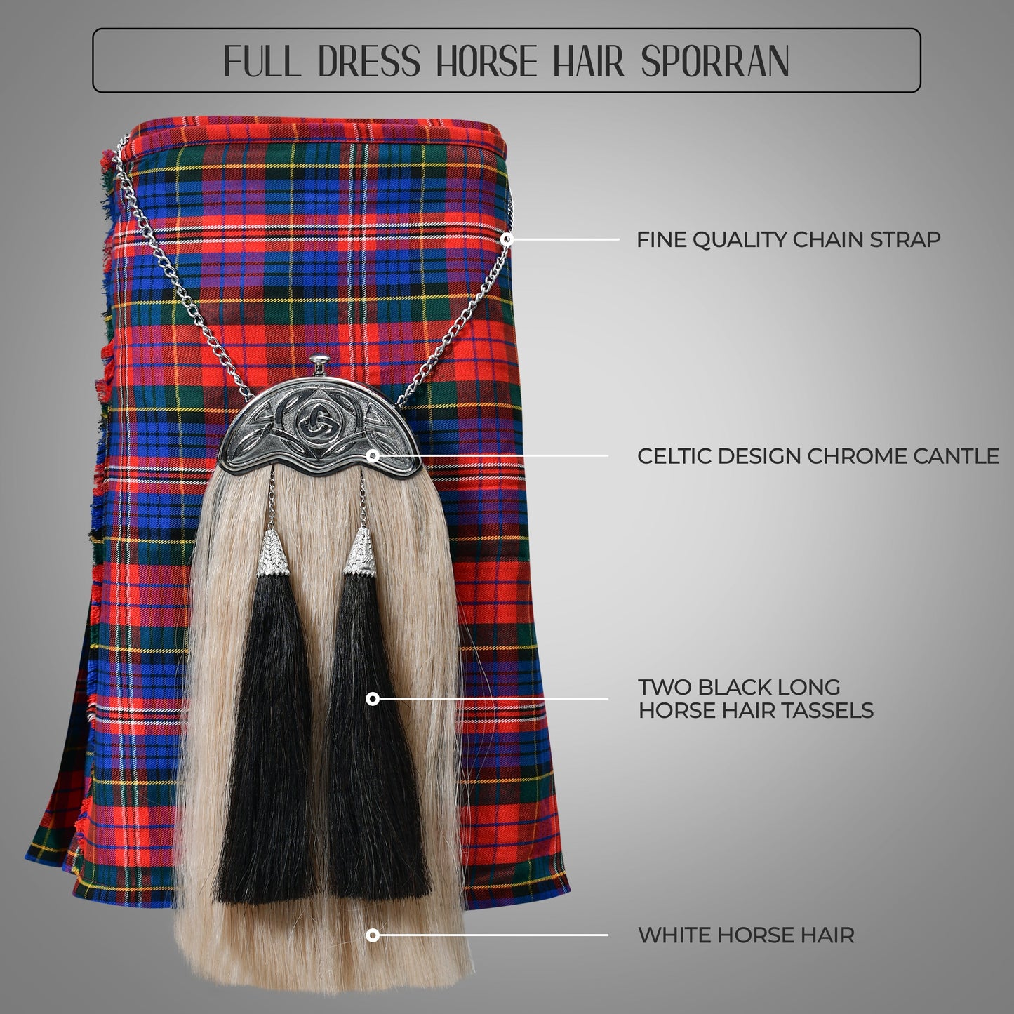 Full Dress Horse Hair Sporran with intricate Celtic Design Chrome Cantle, showcasing premium craftsmanship and luxurious materials.