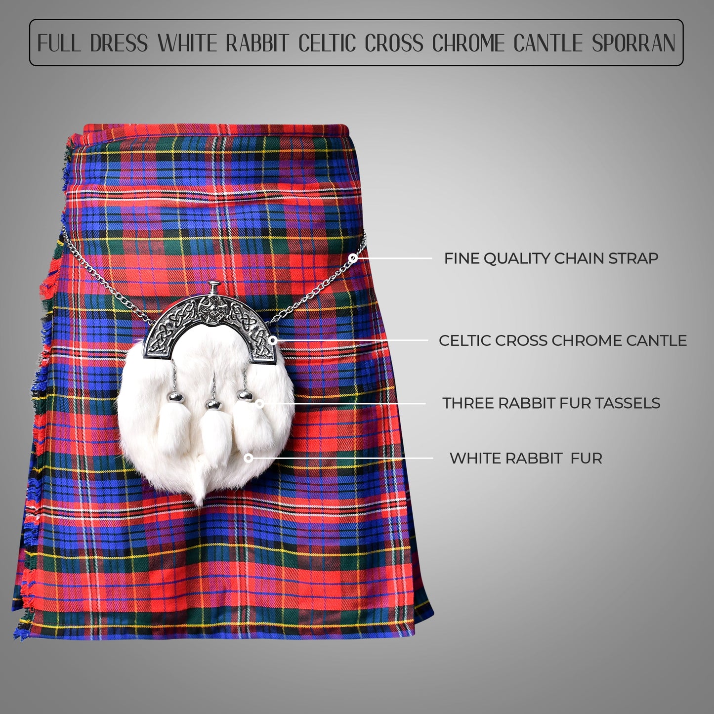 Formal White Rabbit Fur Sporran with Cross Chrome Cantle