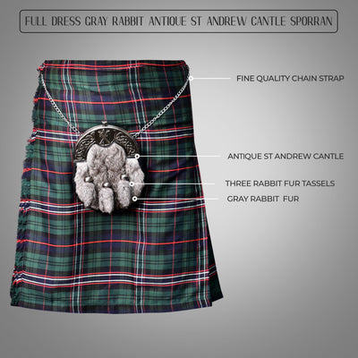 Grey Rabbit Fur Sporran Antique Cantle featuring genuine rabbit fur and an antique cantle design, perfect for formal Scottish dress.