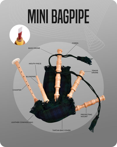 Mini Miniature Bagpipe - Rosewood Bagpipe for Beginners, Playable Gift | Black Watch