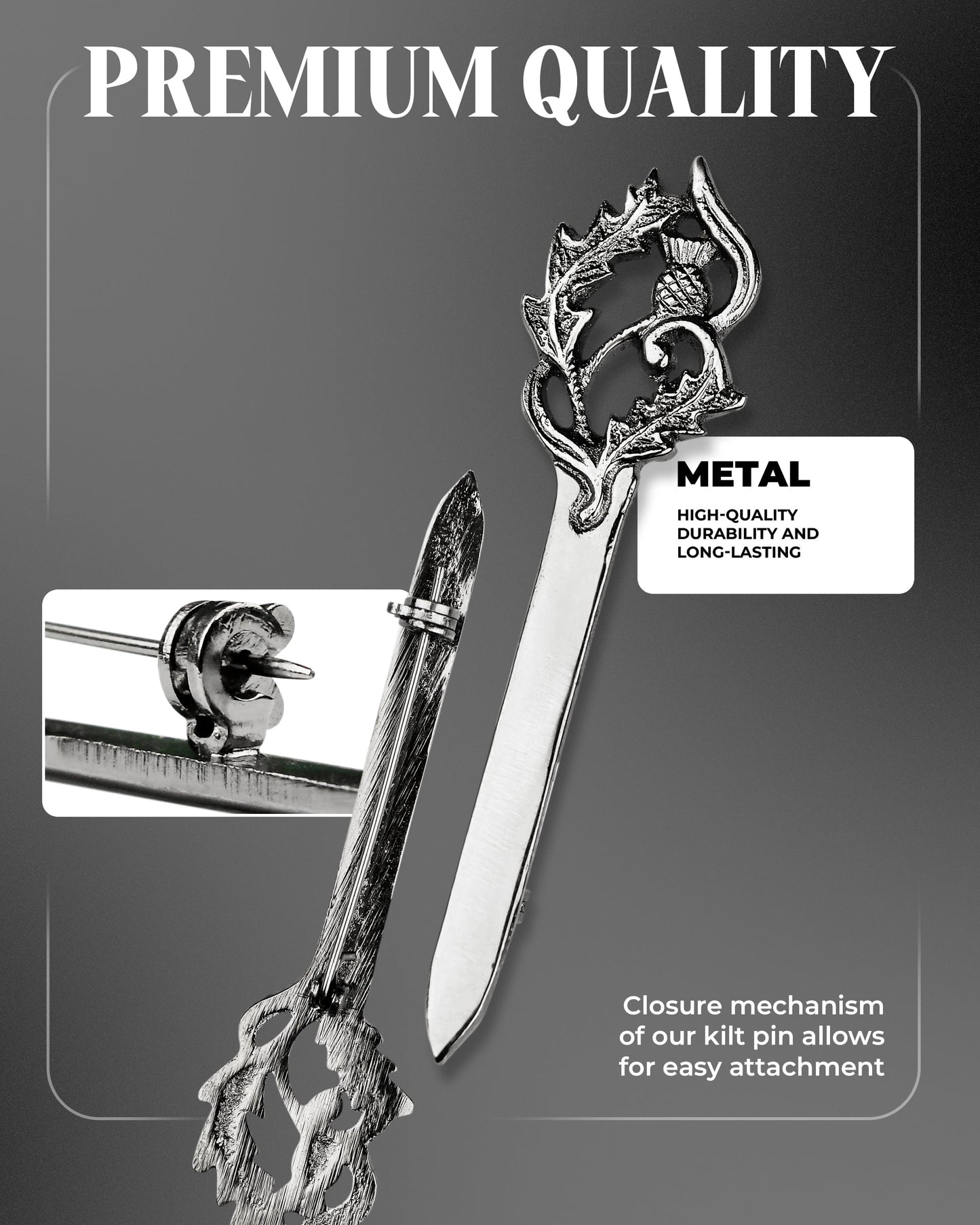 Scottish Kilt Pin for men | Thistle Sword Pewter Chrome