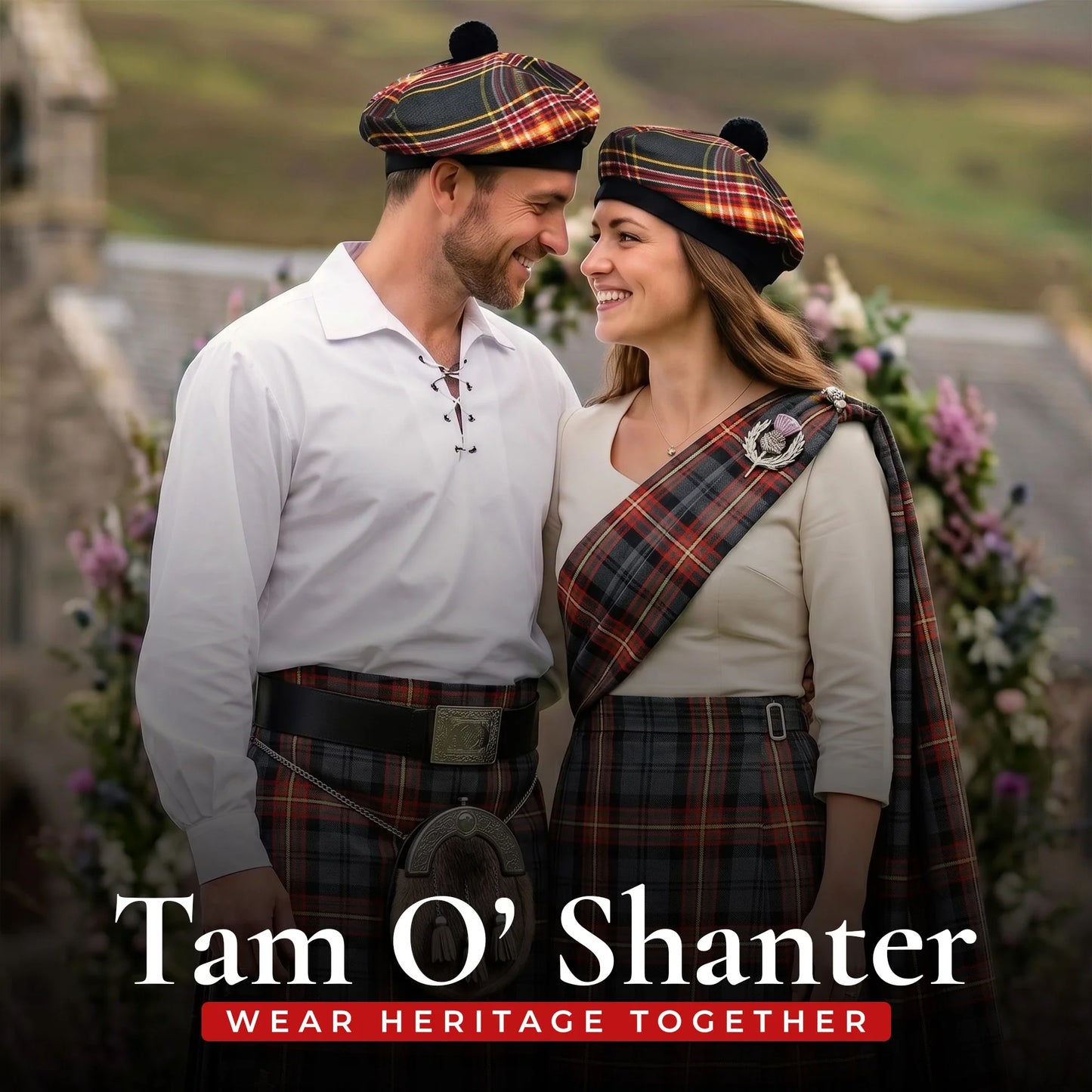 Tam O'Shanter Hat with Pompom | Firefighter Tartan