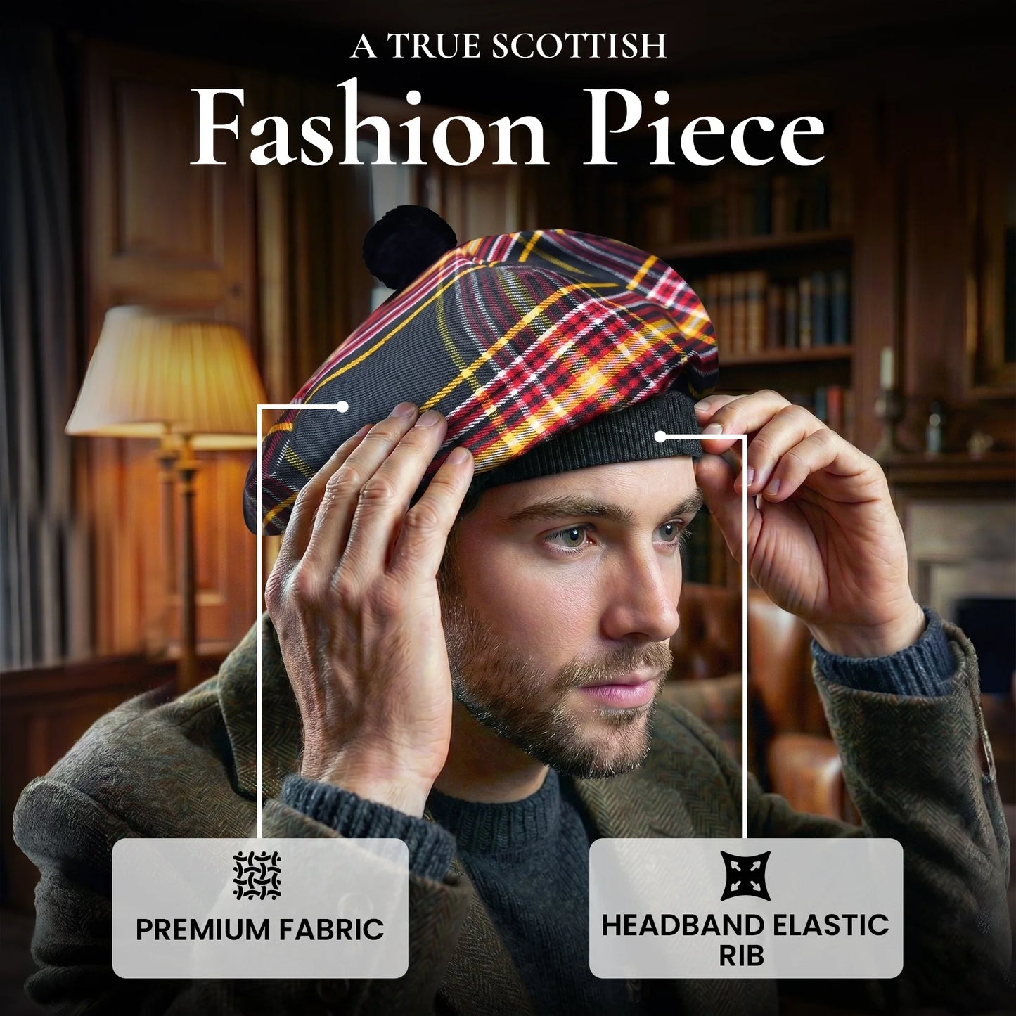 Tam O'Shanter Hat with Pompom | Firefighter Tartan