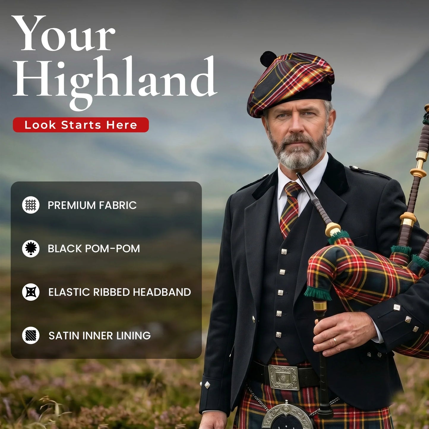 Tam O'Shanter Hat with Pompom | Firefighter Tartan