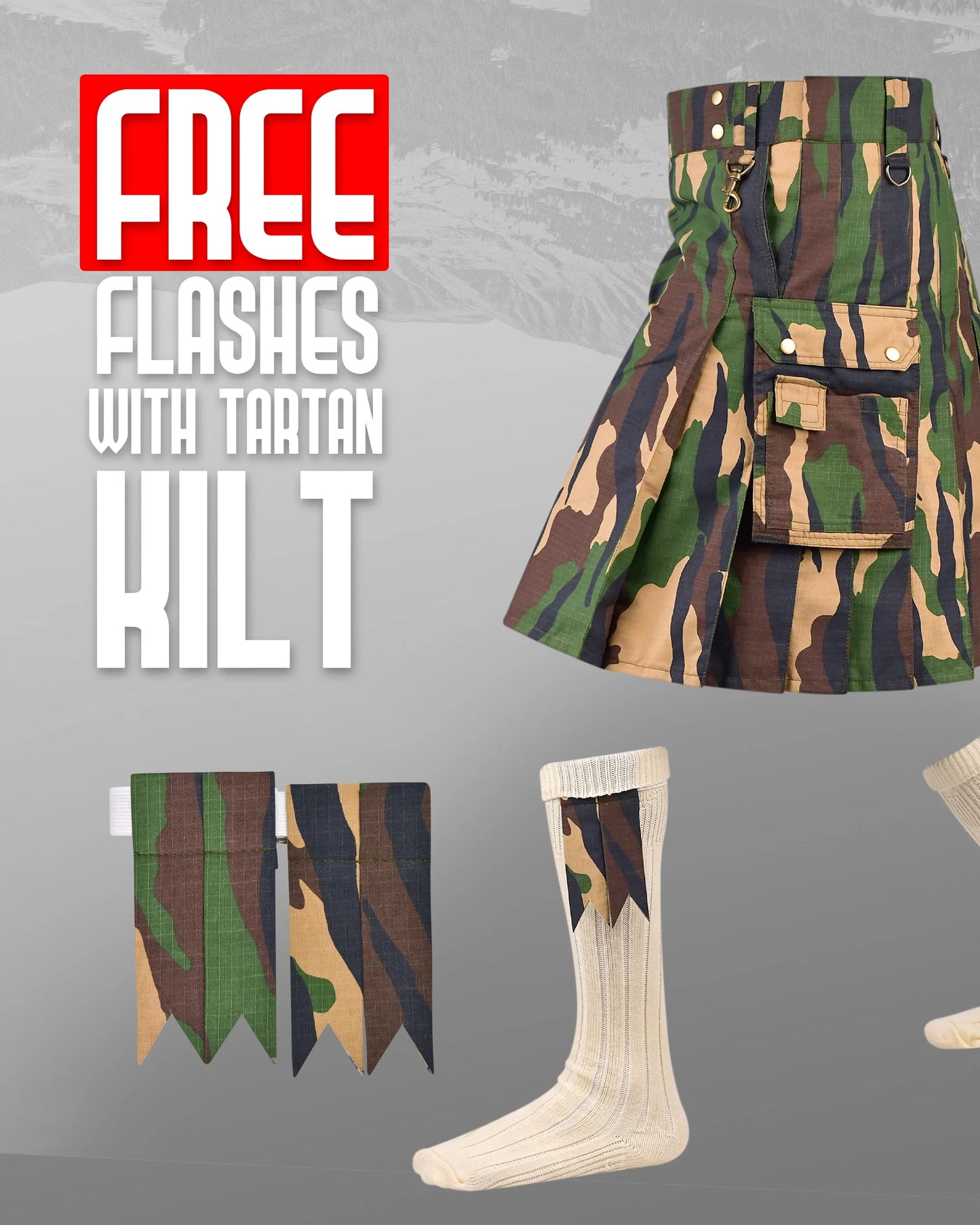Camouflage Utility Kilt For Men - Rugged Ripstop Cotton tactical men kilt with brass hardware
