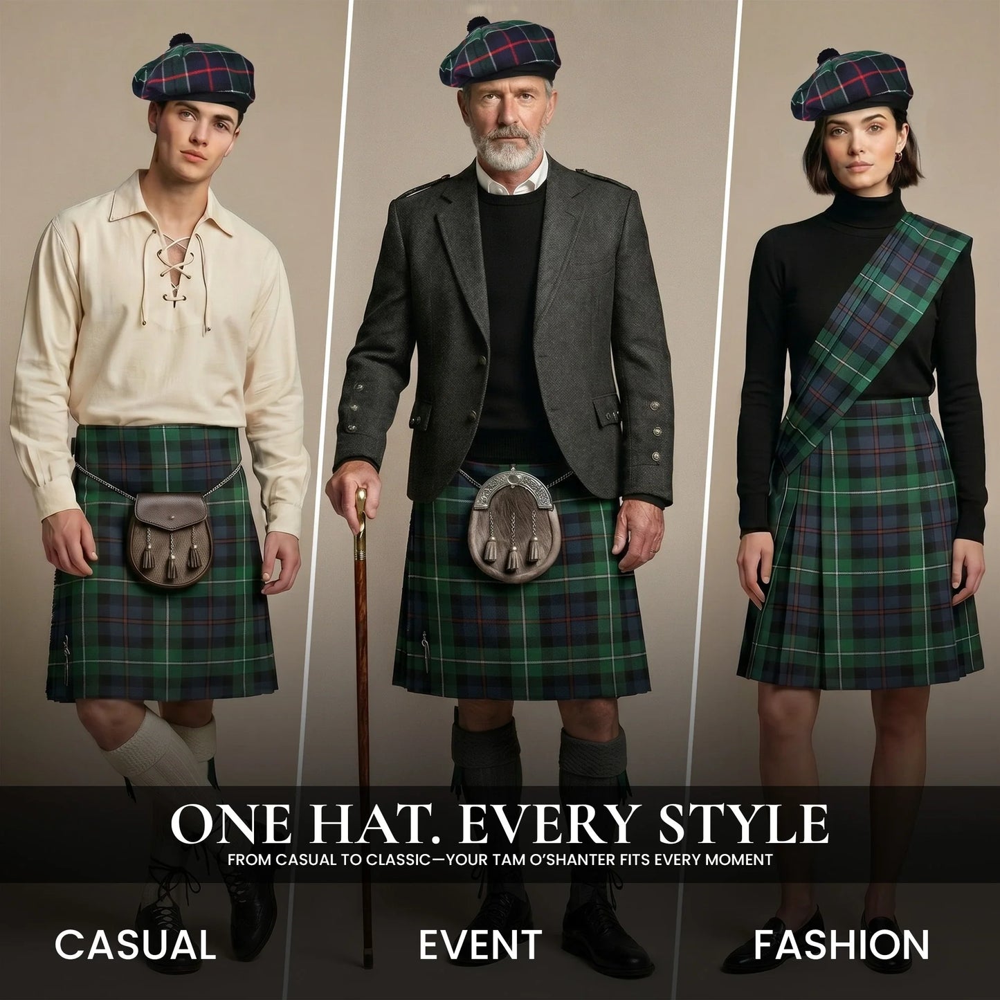 Tam O'Shanter Hat with Pompom | Green Leslie Tartan
