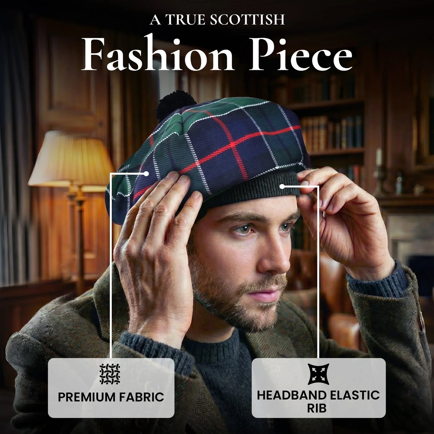 Tam O'Shanter Hat with Pompom | Green Leslie Tartan