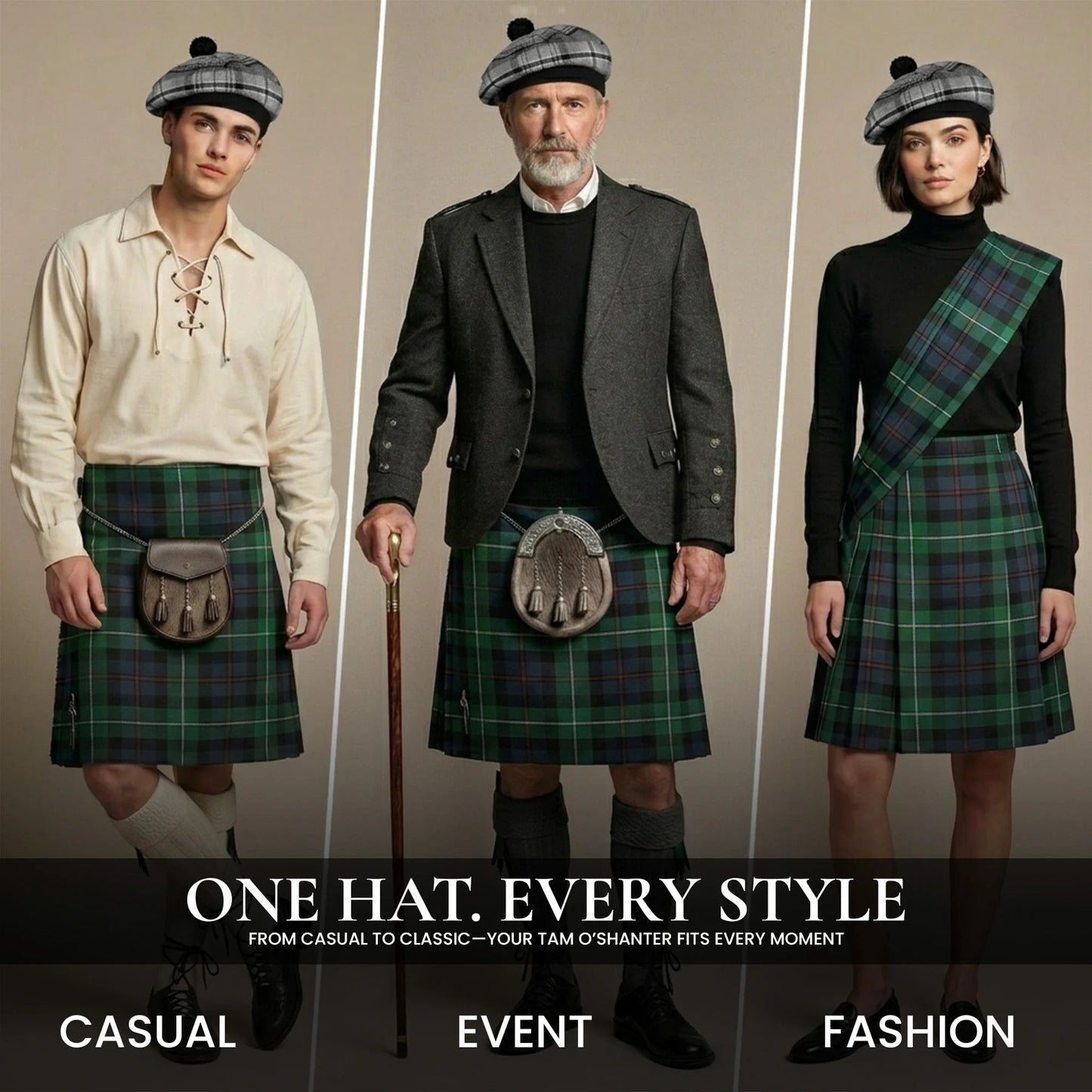 Tam O'Shanter Hat with Pompom | Grey Hamilton Tartan