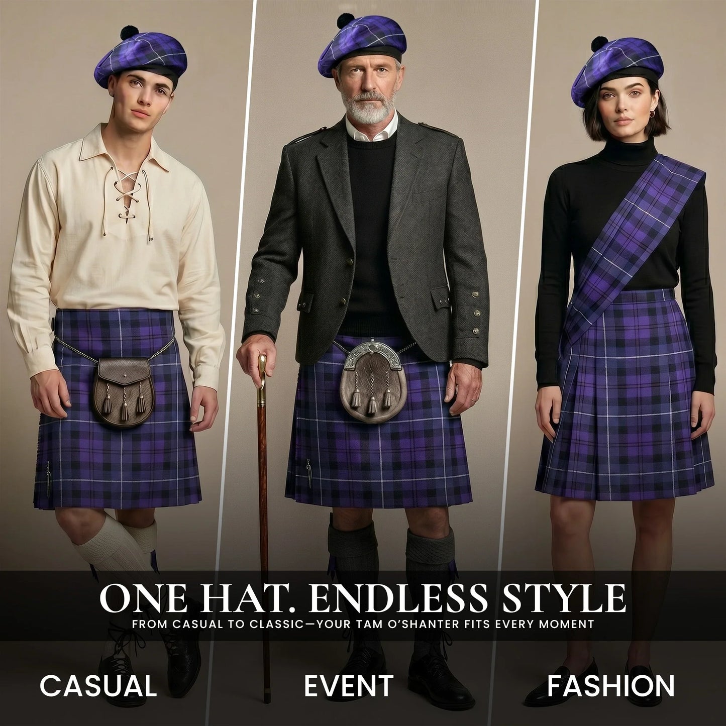 Tam O'Shanter Hat with Pompom | Highland Mist Tartan