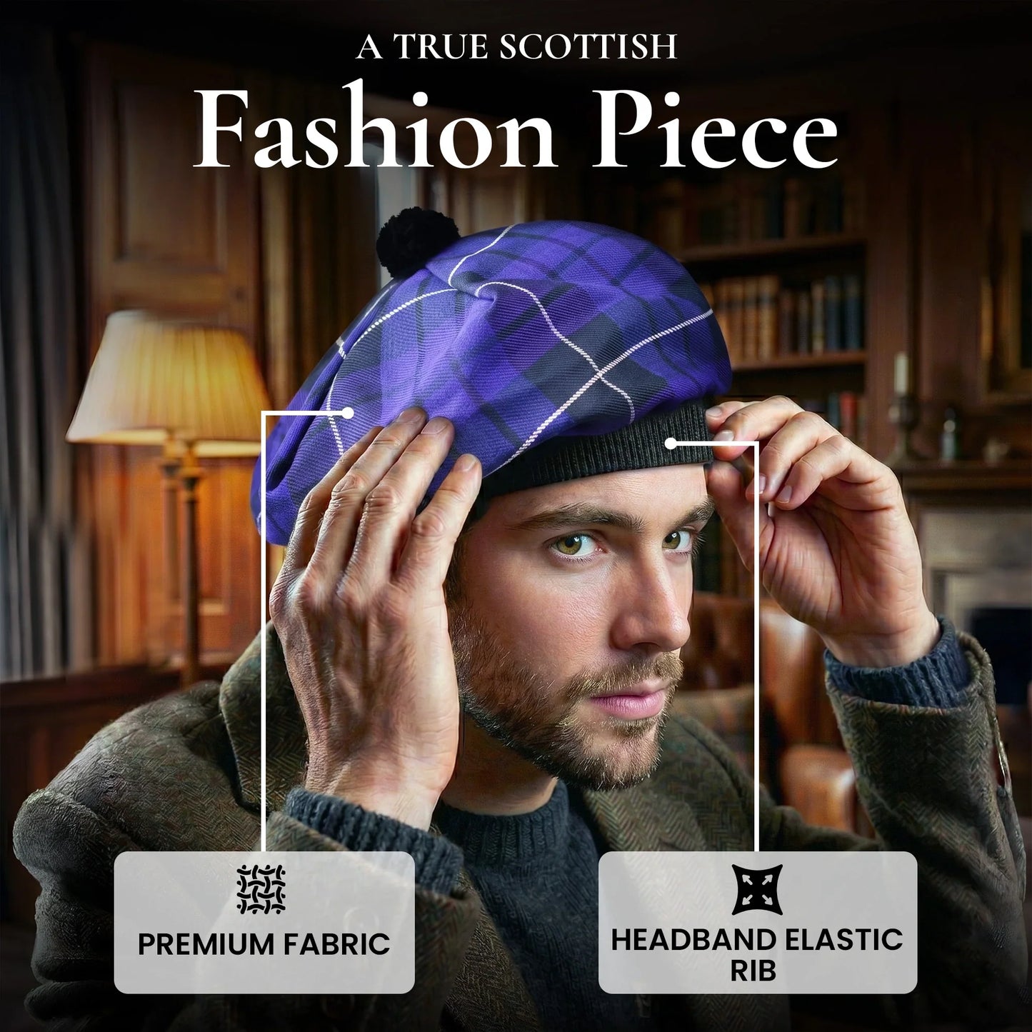 Tam O'Shanter Hat with Pompom | Highland Mist Tartan