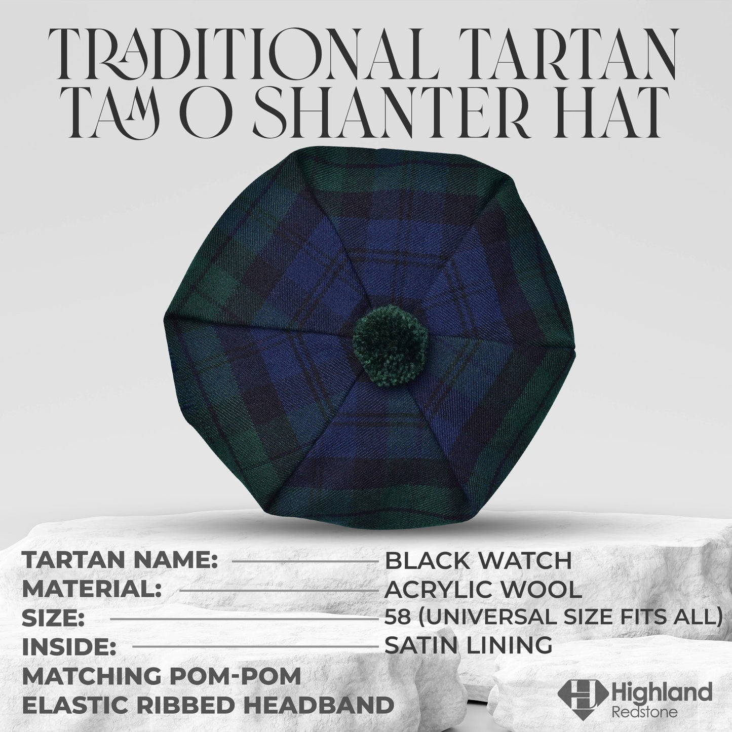 Tam O'Shanter Hat with Pompom in Black Watch Tartan
