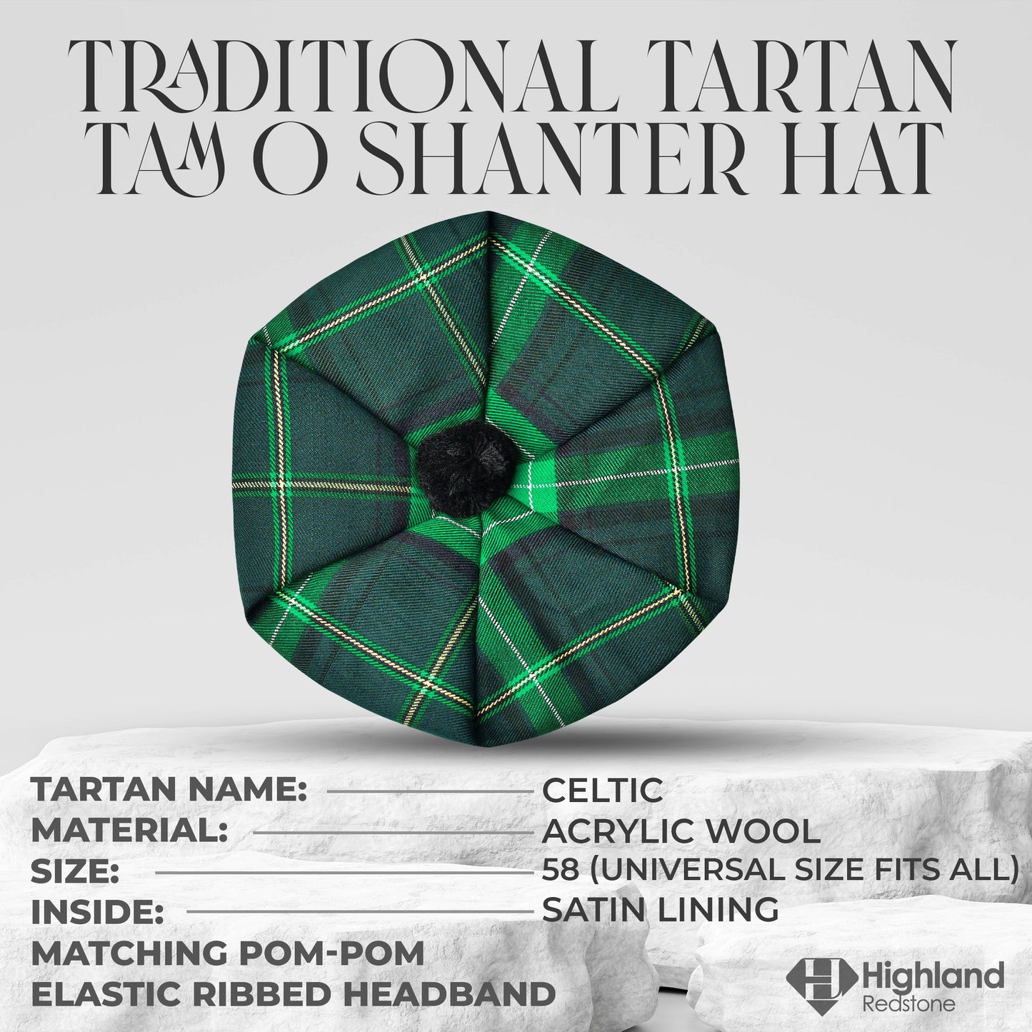 Tam O'Shanter Hat with Pompom | Celtic Tartan