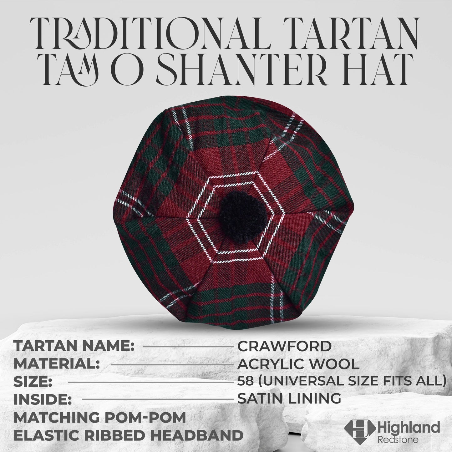 Tam O'Shanter Hat with Pompom in Crawford Tartan