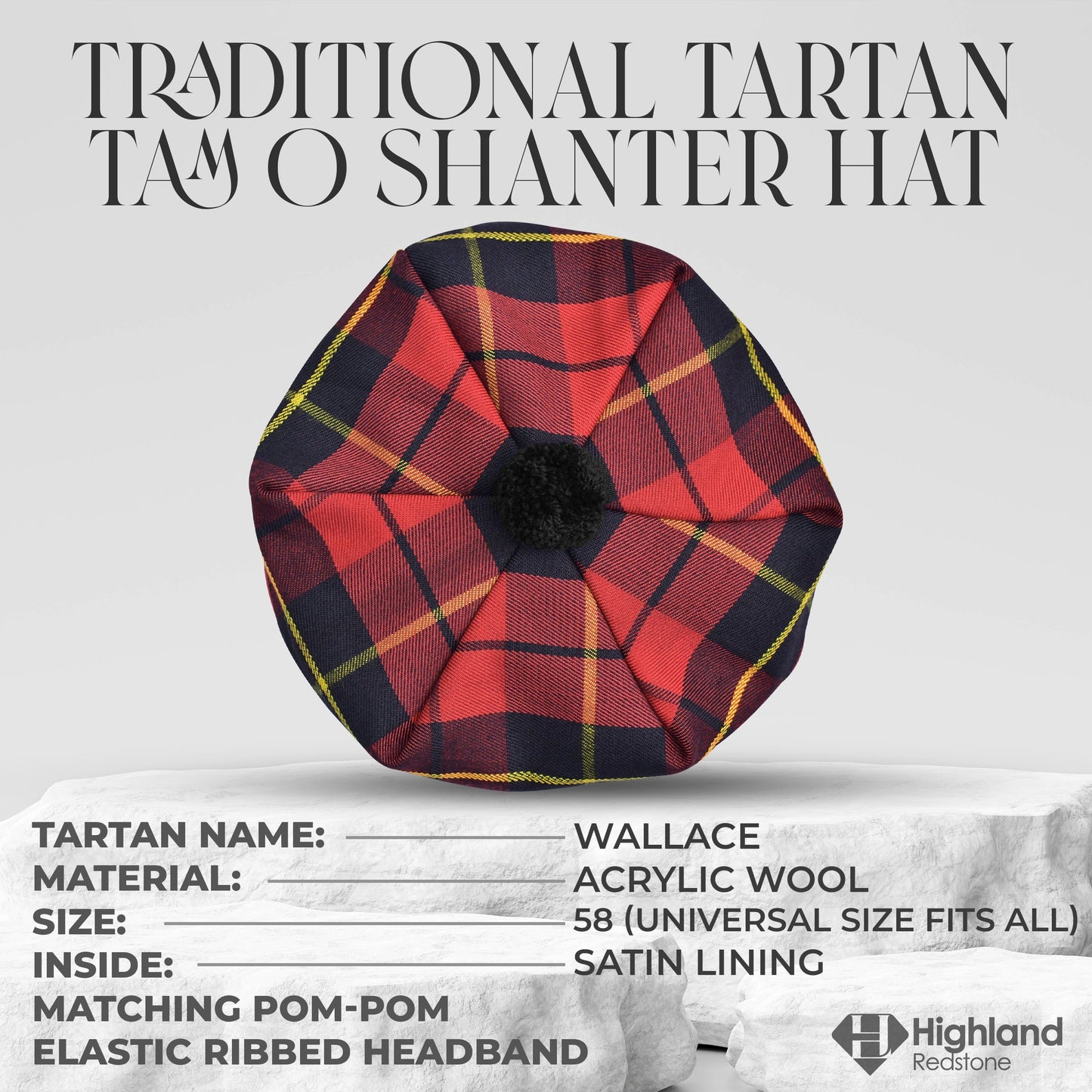 Traditional Tam O'Shanter Hat with Pompom (Wallace)"