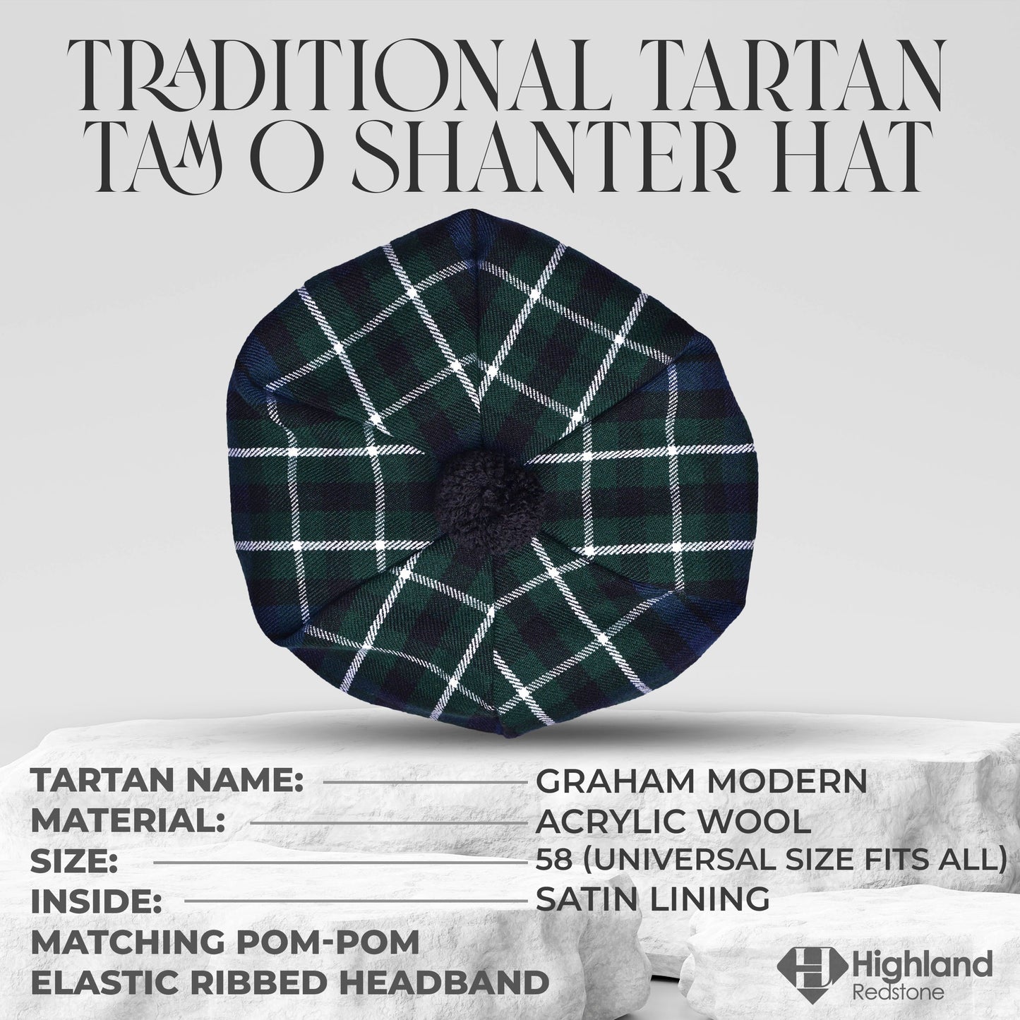 Tam O'Shanter Hat with Pompom in Graham Modern Tartan