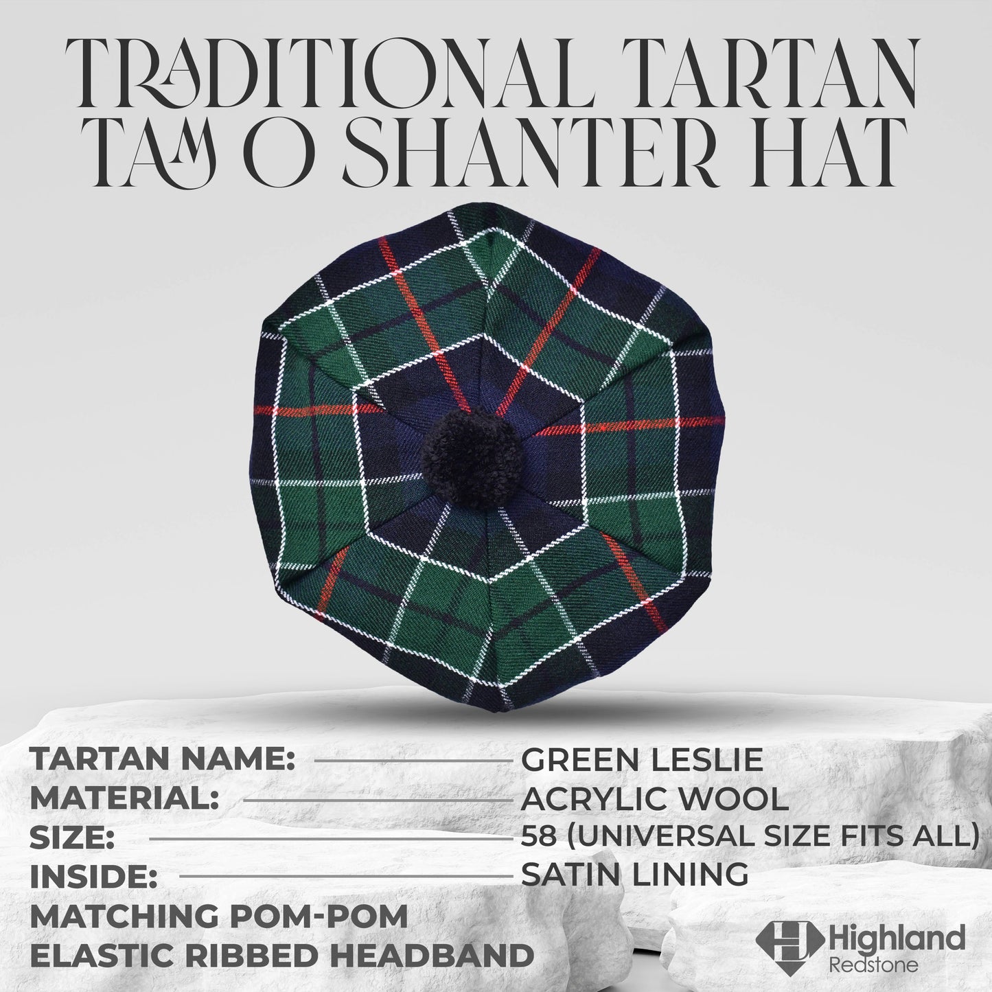 Tam O'Shanter Hat with Pompom in Green Leslie Tartan
