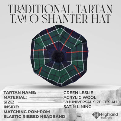Tam O'Shanter Hat with Pompom in Green Leslie Tartan