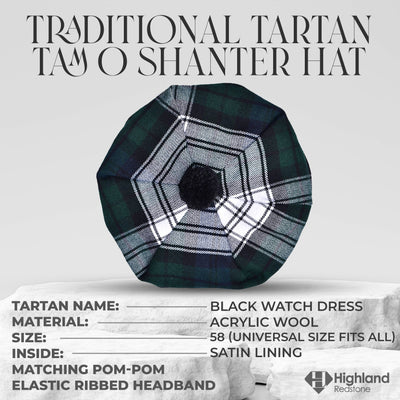 Tam O'Shanter Hat with Pompom in Black Watch Dress Tartan